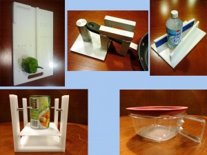 Figure 1. Chef’s Choice, clockwise from top left: Cutting Board, Pot Stabilizer, Jar Opener, Can Catcher and Microwaveable Container Handle. 