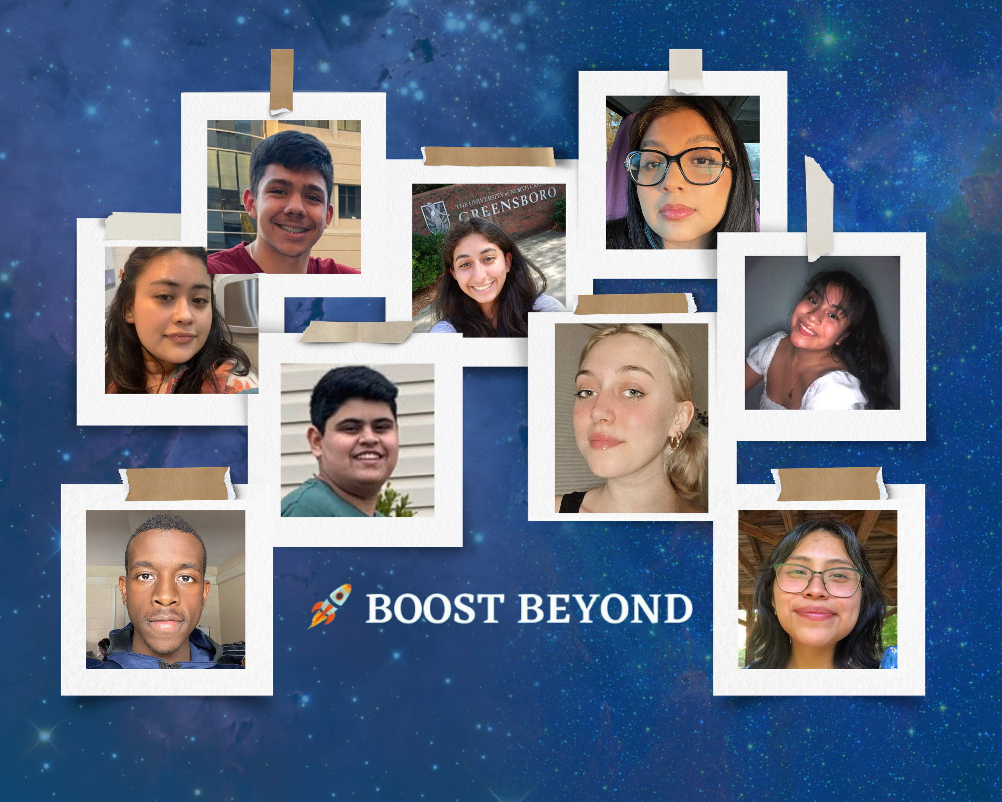 Collage featuring BOOST Beyond Mentees from year 1 of the program. The mentee photos are arranged around the BOOST Beyond logo, which is the name "BOOST Beyond" situated to the right of a rocket ship.