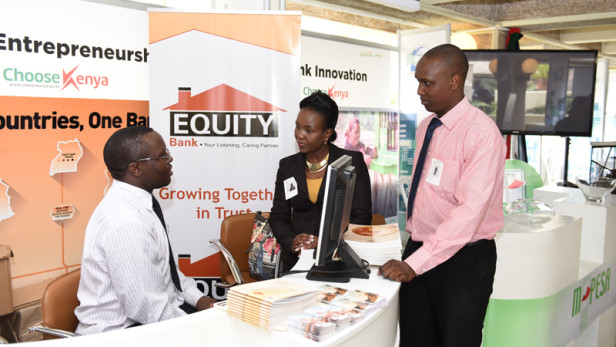 Equity Bank Kenya staff attends to guests at their booth at the Global Entrepreneurship Summit (GES) 2015 held in Nairobi, Kenya on July 25-26. Photo from: Global Entrepreneurship Summit