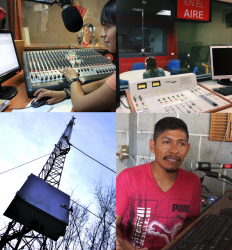 Collage of 4 photos: a student at a sound mixer, a radio station, a radio tower, and a man at a microphone
