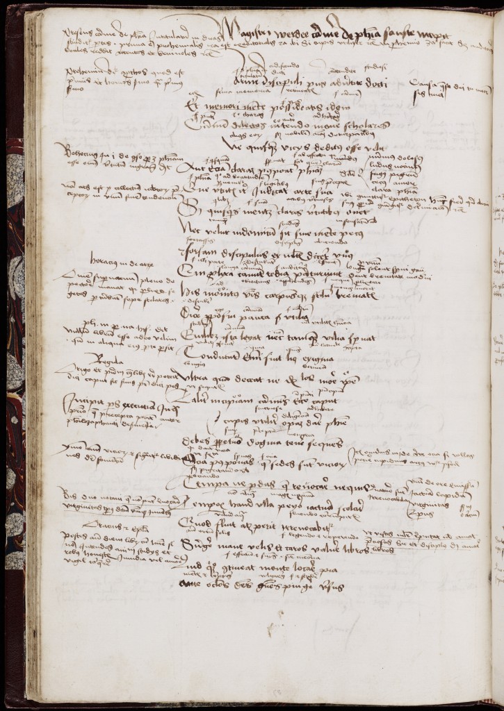 Fifteenth century manuscript of Remedia Amoris. Although this manuscript dates several centuries after Dante, it still follows the same format as earlier manuscripts. The Latin poem is in the center of the page in a slightly larger hand than the commentary. Note the marginal and interlinear commentary. Interlinear commentaries were more likely to address grammatical or philological issues, while longer glosses in the margin tended to be allegorical or literary comments.
