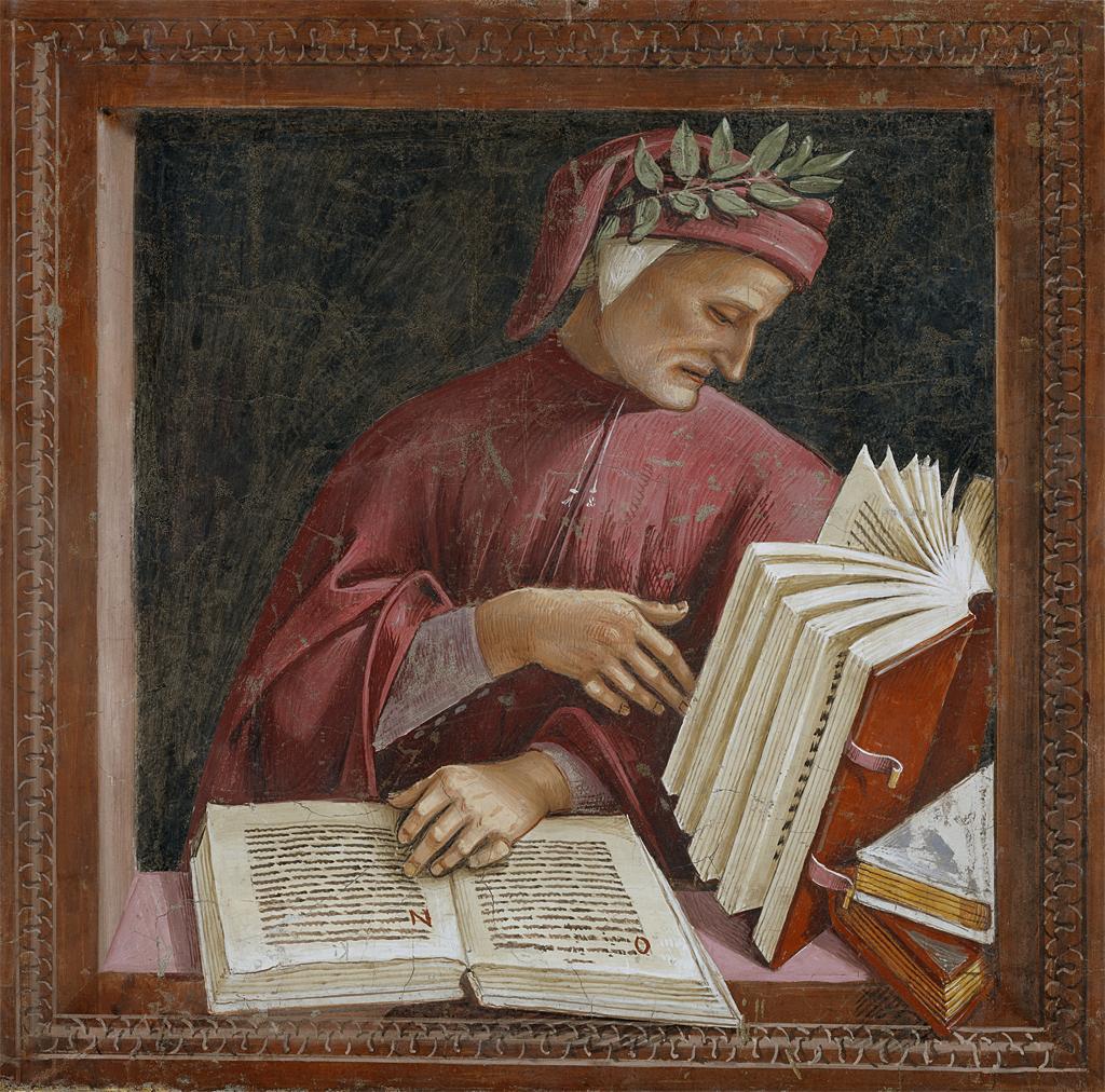 Detail of fresco by Luca Signorelli, depicting Dante reading with two open books before him.