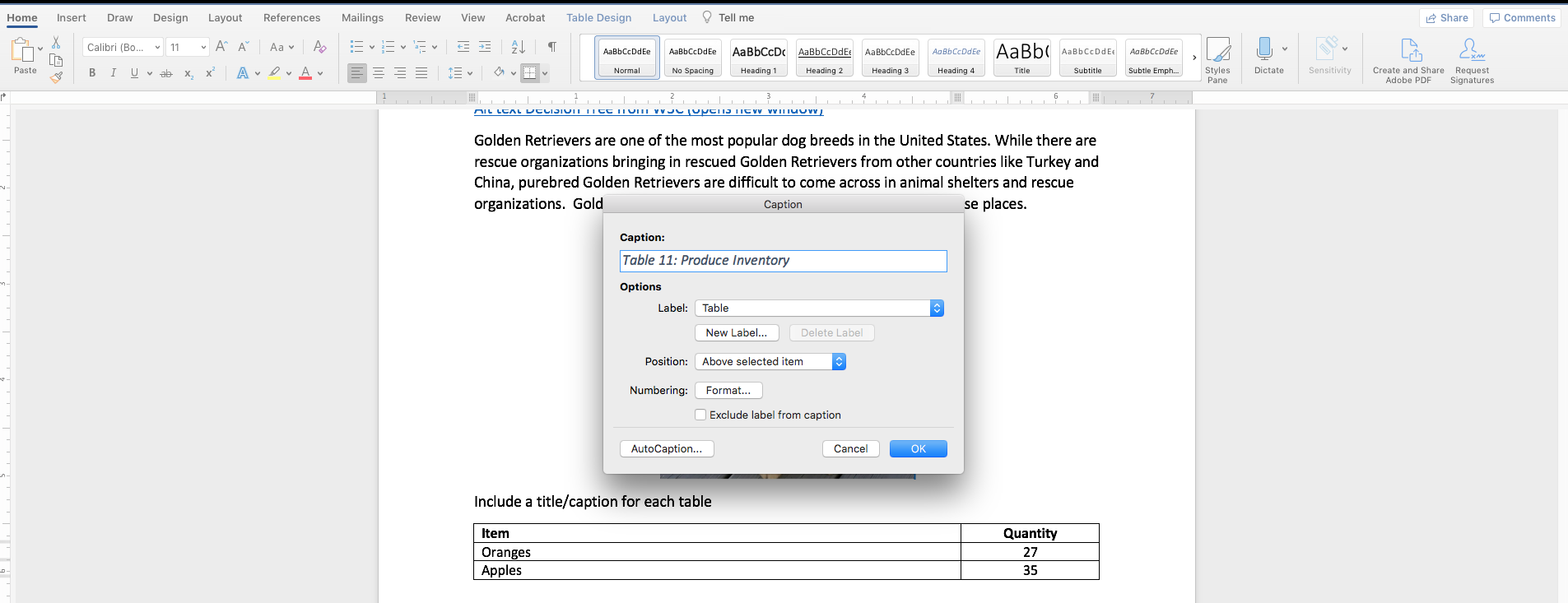 Table Properties settings to add a caption