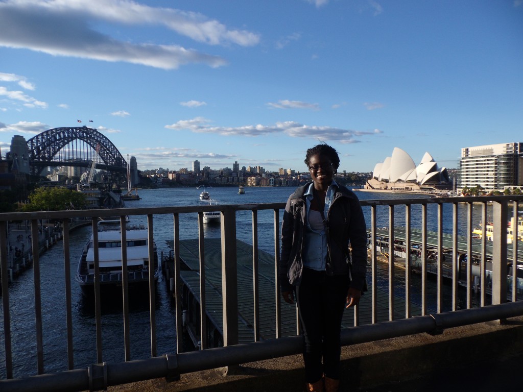 Walking across the bridge on our way to The Rocks.