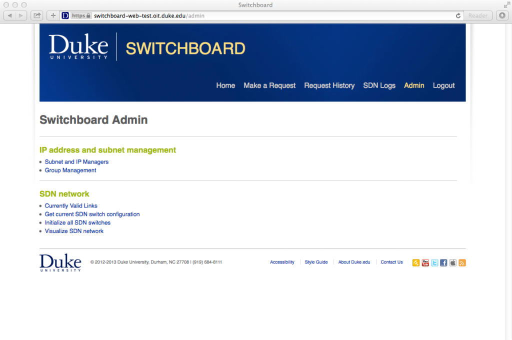 Switchboard application admin screen