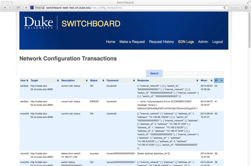 detailed log of all transactions with the RYU controller