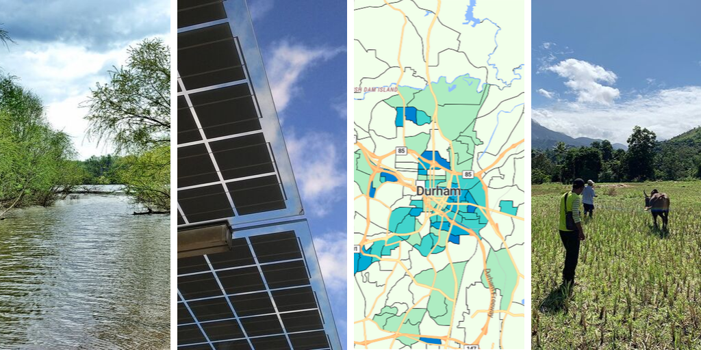Yadkin River, NC; solar panels; summary ejectments per square mile in Durham; Bass Connections research in Madagascar.