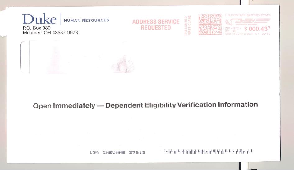 Envelope - Duke Dependent Eligibility Verification Initiative