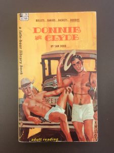 A gay pulp fiction depicting two shirtless male lovers lounging on a car