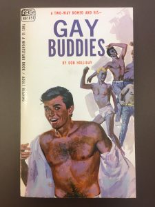 A queer pulp fiction titled "Gay Buddies" featuring a number of shirtless men on the cover