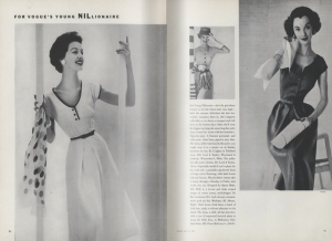 Image of article titled "For Vogue's Young NILionaire," including the quote described in the section. All of the images are black and white and feature women wearing a bold red lip. On the left page, there is no text. Instead, a woman wearing a knee-length white dress with a black trim on the neckline, black buttons, and a black belt stands between two poles. In her right hand, she holds a white and black polka-dot scarf; the other hand is grasping the pole. On the right page, there is a small image above the textbox. This image features a woman in a grey hat with a black bond. She also wears a light-colored dress with black buttons and a black belt and white gloves. In her left hand, she holds a striped scarf and the other hand fixes her hat. The larger image on the right page features a woman in a dark dress with a collar, buttons, and a belt. She holds two flyers in her hands.