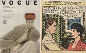 Vogue cover from November 1, 1951, features a woman in a red hat, red earrings, and bright red lip. She wears a white dress with a collar and a grey fur. The background is white and the headline reads "VOGUE" in black letters. The excerpt from Glamorous Romances features Rhonda Dales in a red dress with a collar, red earrings, and a bright red lip.