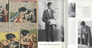 On the left is the final panel of "Glamorous Romances: Second-Hand Glamour." As two protagonists kiss, the woman is in a long red dress and the man is in a charcoal suit. On the right is an image from the Vogue May 15, 1952, edition featuring the article titled "News: Chargoal-Grey in Silk, in Linen..." There is only a picture on the right side of the page, and it features a man in a dark grey suit with a striped tie in an office with a plane replica on the wall behind him. On the page with text is two men wearing grey suits and bow ties in office settings. One man is on the phone and the other is at his desk