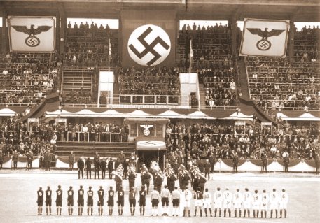 An image of a soccer stadium under the Nazi regime that shows how aggressively Hitler forced his influence into the sport. 