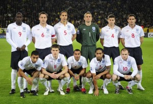 England squad line up for team photo before their World Cup 2010 qualifying soccer match against Ukraine in Dnipropetrovsk
