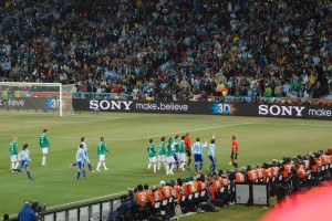 Mexican players react to officials after controversial goal.  Courtesy of wikimedia.org
