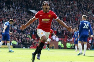 Falcao celebrating his first goal at Manchester United.