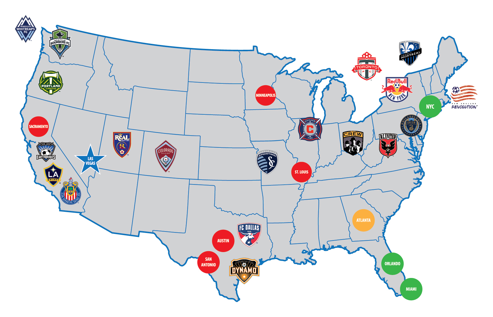 Distribution of MLS teams across the US and Canada. Source: http://weduse.ninja/mls/mls-soccer-map.html
