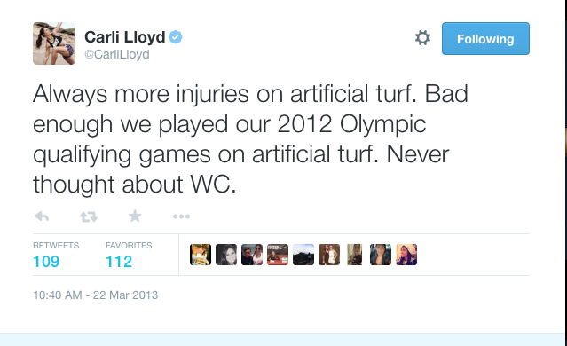 Carli Lloyd tweets her opinions of artificial turf back in 2013