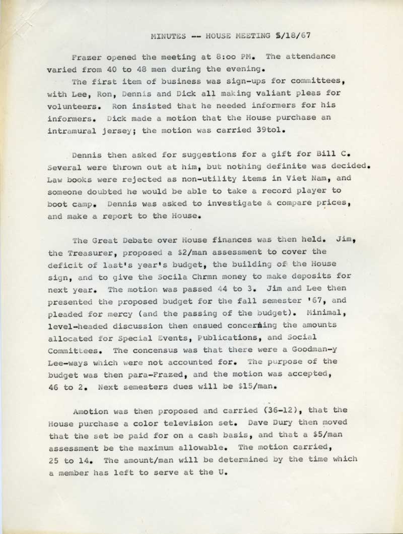 Windsor House Meeting Minutes, May 18, 1967