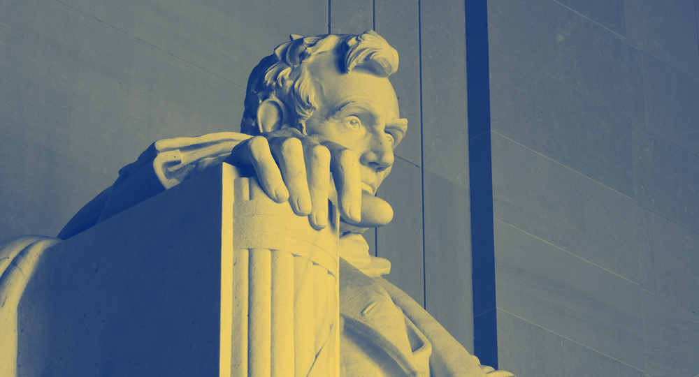 yellow and blue duotoned photo of the Lincoln memorial