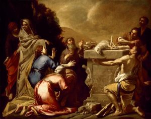 A painting of Noah and his family sacrificing a lamb after the Great Flood.