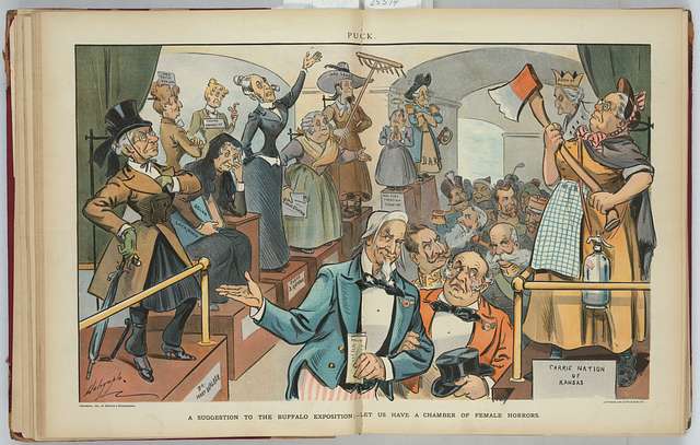 In this cartoon, Carrie Nation among other suffragettes is labeled as a “female horror”. The artist exaggerated her height and the size of her hatchet to emphasize Carrie’s violent methods. This is further emphasized by Carrie’s frown and red nose. The way that Carrie holds the hatchet up by her chest: ready to strike instead of at rest by her waist establishes her as a threat with little control over her actions.