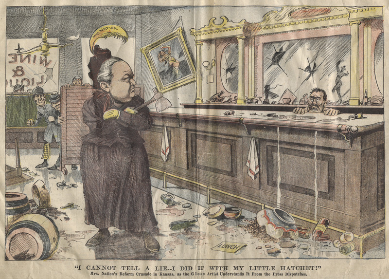 Carrie Nation standing in the middle of a smashed saloon with her arms crossed, hatchet in her left hand, the bartender hiding behind the bar, and patrons hiding behind the entrance peeking inside the saloon.