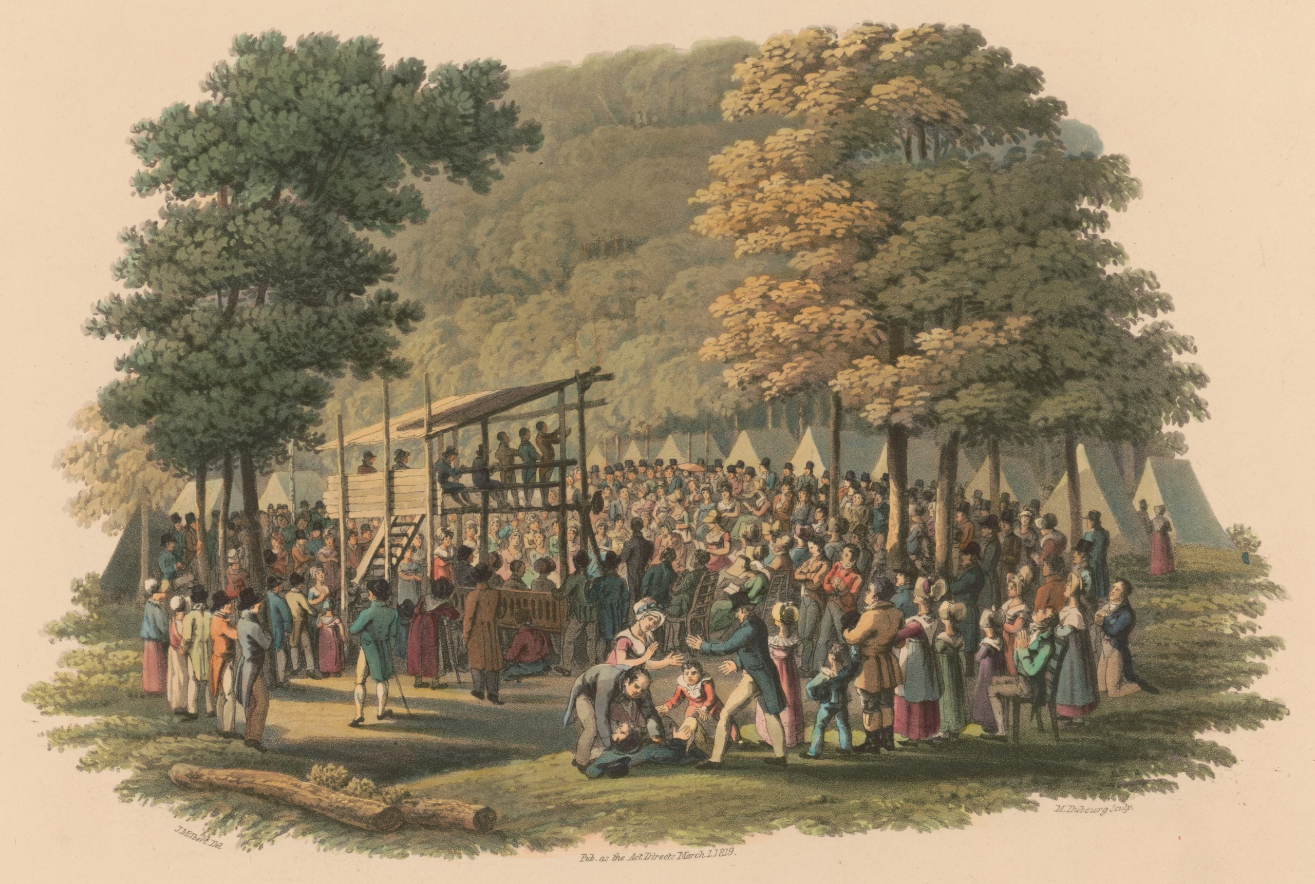 A very large gathering of Methodists who are standing in a circle surrounded by trees and tents