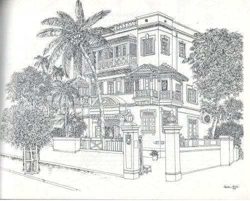 Fig. 2. Mani Bhavan, Bombay, drawing by Rathin Mitra, 1985 <br />From Rathin Mitra, <em>Gandhi: An Artist’s Impression: Text & Drawings</em>. New Delhi: All India Congress Committee (I), 1985