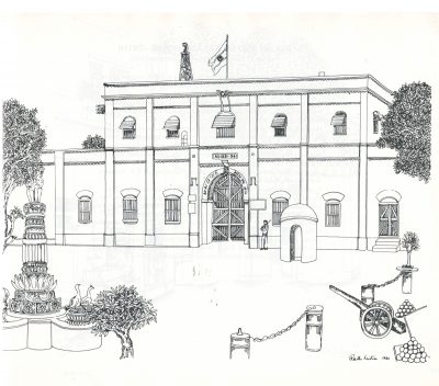 Fig. 9. <em>Ahmedabad Jail</em>, drawing by Rathin Mitra, 1985<br />From Rathin Mitra, <em>Gandhi: An Artist’s Impression: Text & Drawings</em>. New Delhi: All India Congress Committee (I), 1985