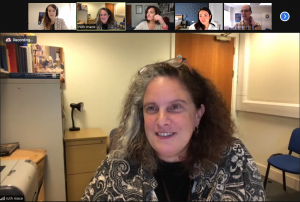 Ruth Mace in a Zoom meeting