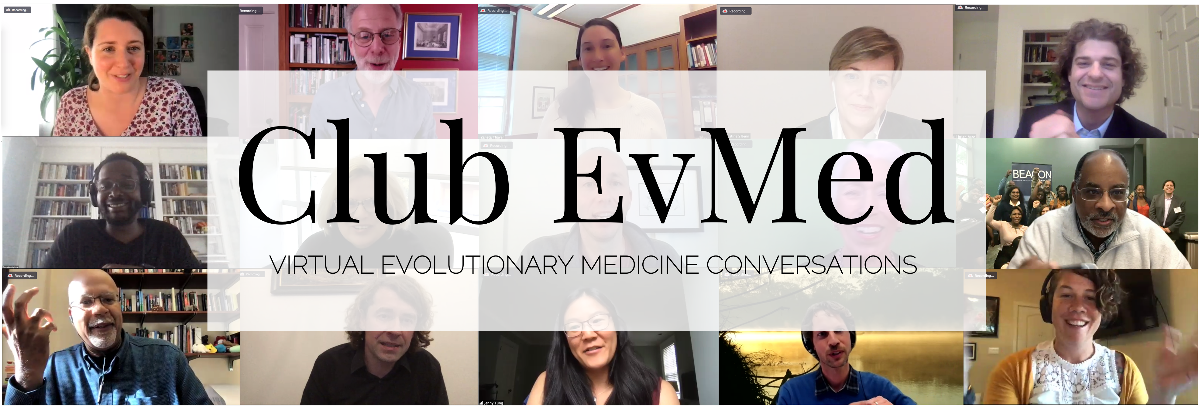 collage of people in Zoom meetings with Club EvMed logo overlaid