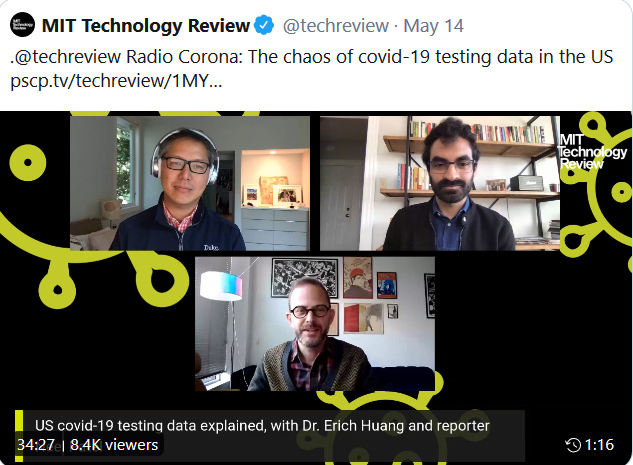 Screen grab of a MIT Technology Review tweet showing Erich Huang and two others on a video call, with the text "US Covid-19 testing data explained"