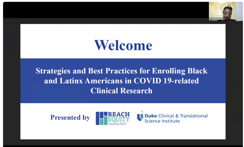 Welcome screen for COVID Clinical Research Recruitment Best Practices virtual seminar