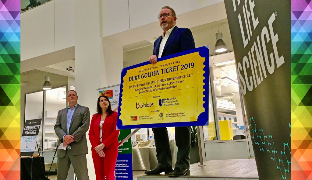 Dr. Eric Benner receives the inaugural Duke Golden Ticket award at the Chesterfield Building in Durham, NC. The award was given to support Benner’s groundbreaking therapy for treating and reversing infant brain injuries.