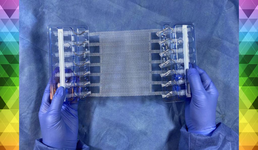 Photo of T-Line® Hernia Mesh product created by Dr. Howard Levinson, with support from the Duke CTSA Transformative Research award.