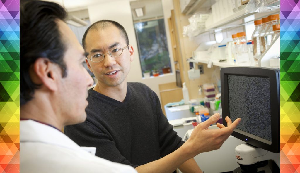 Researchers Dennis Ko, PhD, and Raul Salinas in the Clinical and Research Laboratory Building on the Duke School of Medicine campus.