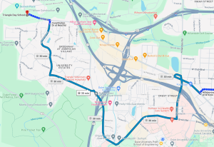 Google Maps route from Old West Durham to Triangle Day School on the GoDurham 11B bus