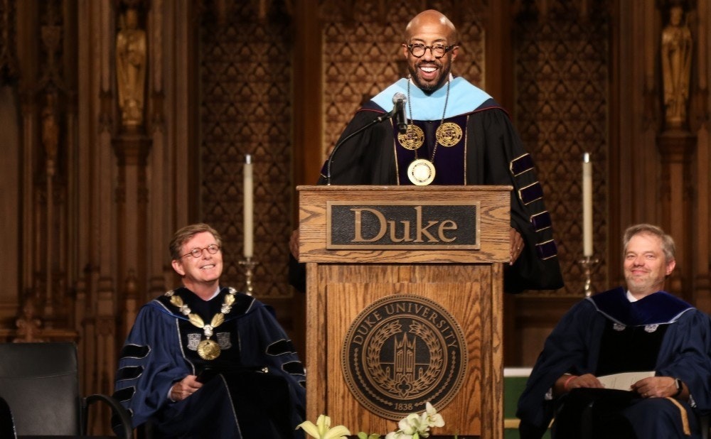 L-R: Duke President Vince Price, Founders' Day Speaker and President of Paul Quinn College Michael Sorrell, Professor Don Taylor, Chair of Academic Council. hoto by Sujal Manohar, Duke Chronicle.