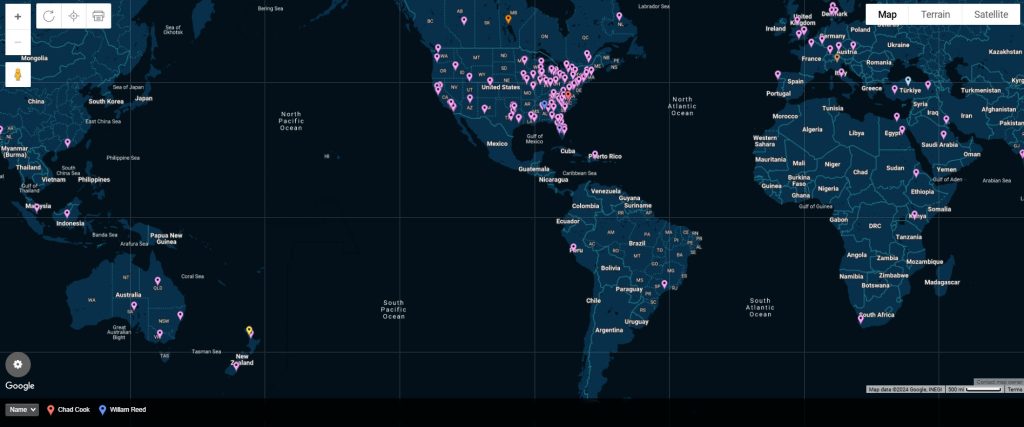screenshot of a Google map with locations around the world mapped