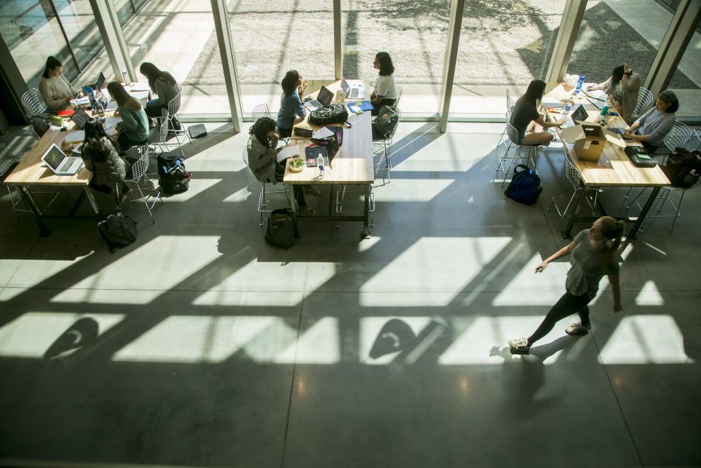 Students gathered at the Ruby studying with light casting down across the tables. 