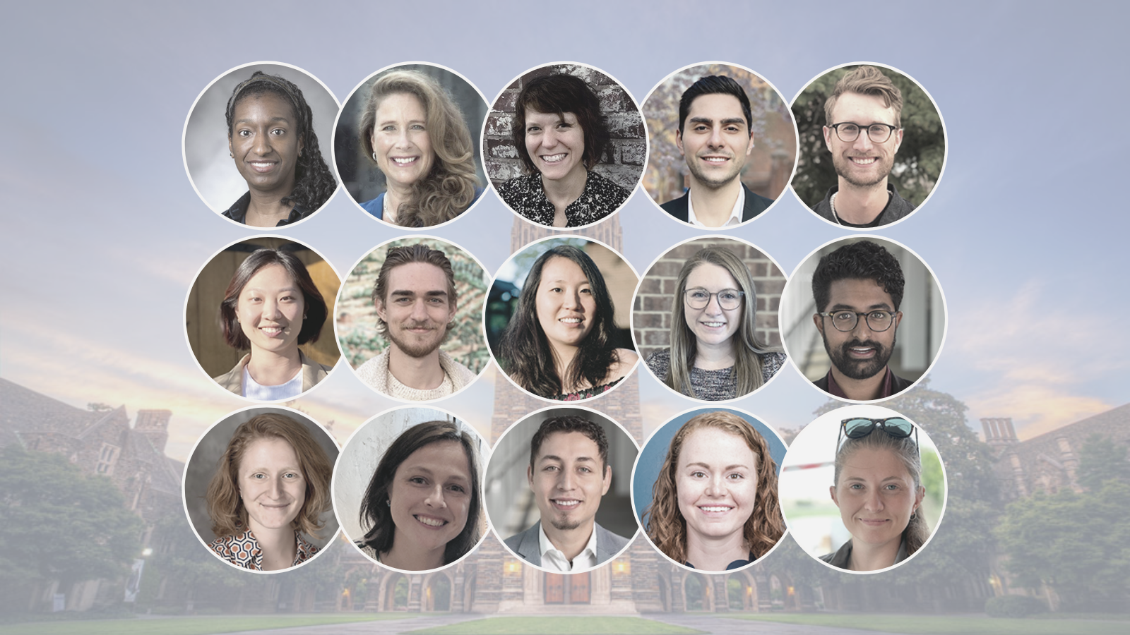 Portraits of 15 people on background of Duke campus.