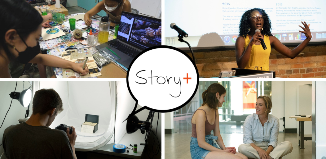 Four images of students working together, with logo and text Story+.