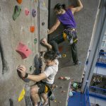 Undergrads and graduate students enjoy the Indoor Climbing Wall in Wilson Recreation Center, including third-year law students Ian Zatkin Osburn and Dan Pham on a partner climb here. Duke Recreation & Physical Education's climbing wall stands 35 feet tall with 11 ropes and over 1400 square feet of climbing surface. With routes ranging from beginner to advanced there are plenty of opportunities for students to learn and progress their climbing skills.