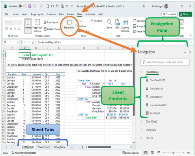 Srini’s Tech Tip: Using the Navigation Pane in Excel 365 and Excel 2021 ...