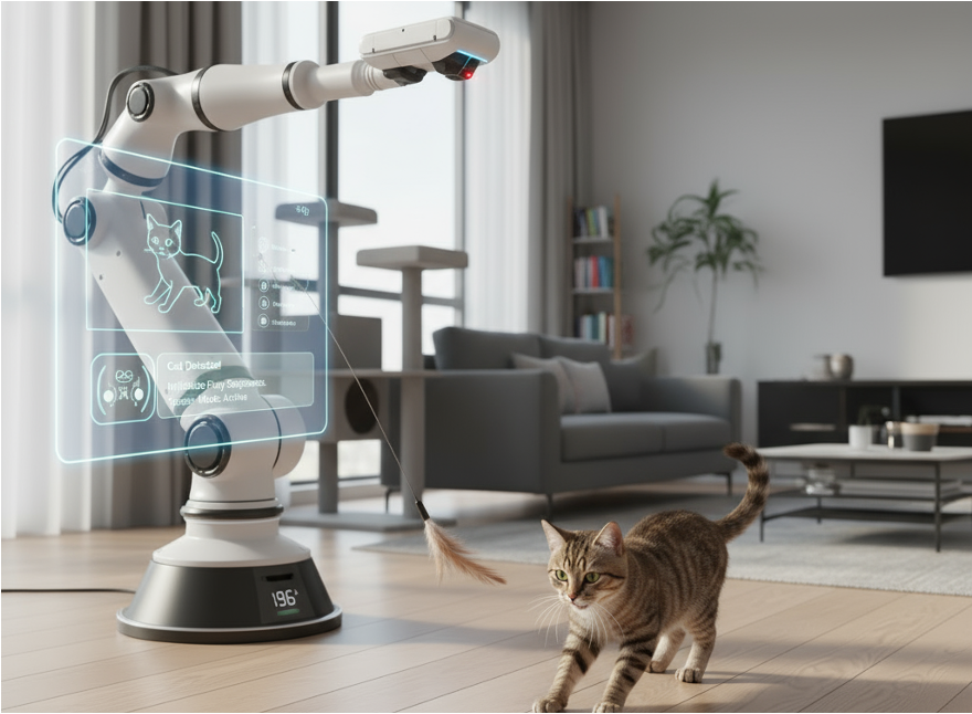 The robotic arm uses a cat teaser in a bionic way