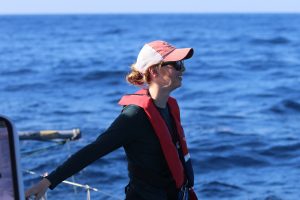 Duke PhD student Ashley conducting visual observations on deck.