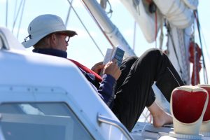 Steve reading in the best seat in the boat, if only the weather was this nice everyday.