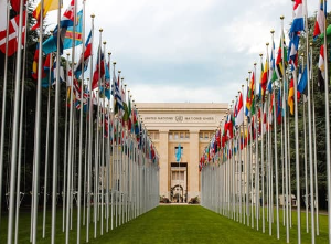 Image of UN building and flags